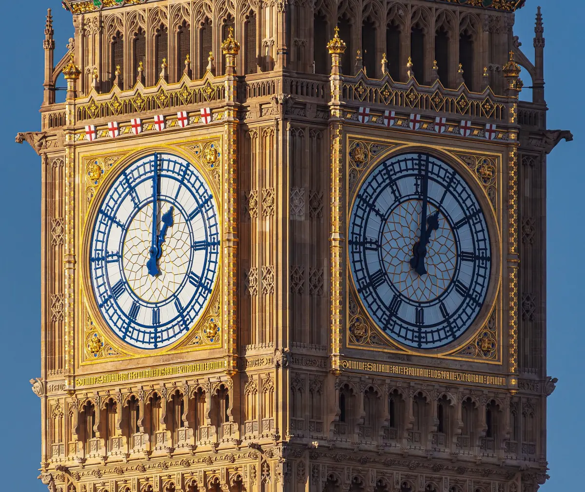Two of the Great Clock's dials on the Elizabeth Tower