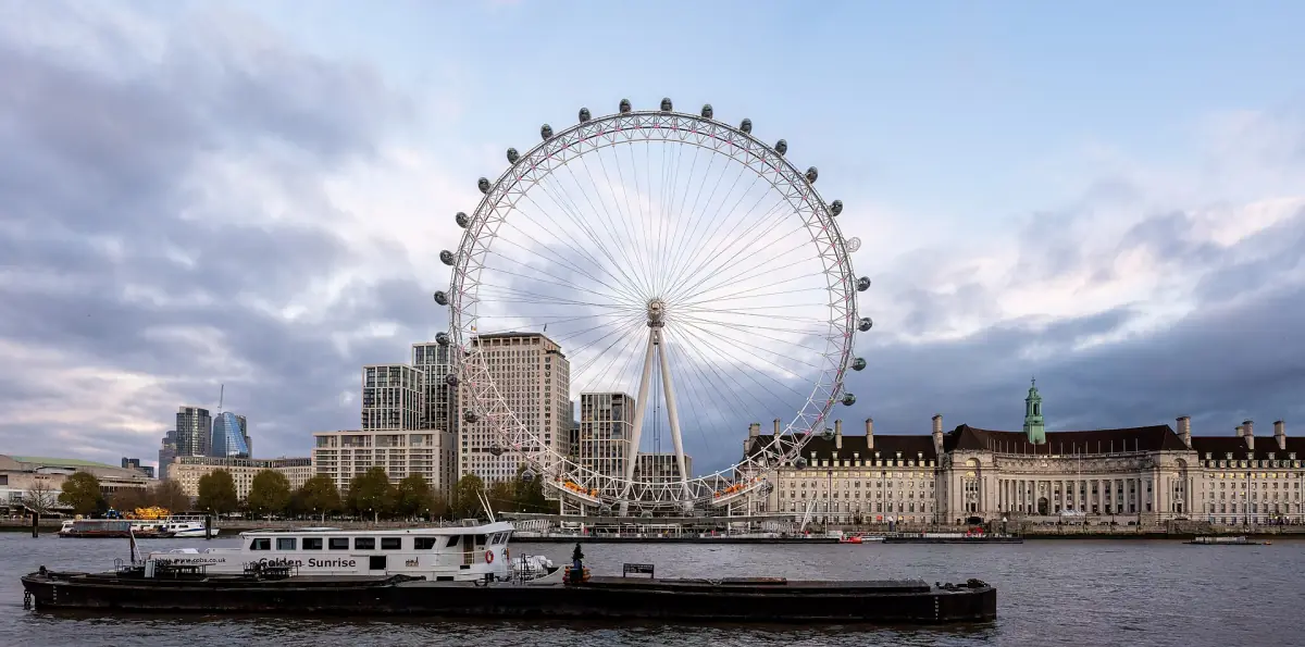 Das London Eye neben der County Hall an der South Bank