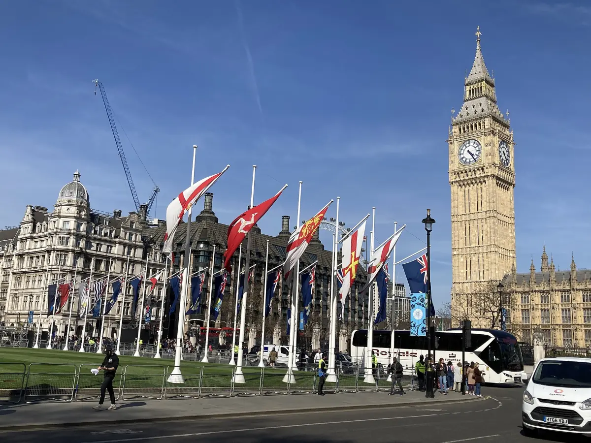 Parliament Square with flags and Big Ben